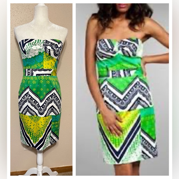 Trina Turk Dresses & Skirts - Sz 4 Trina Turk Green & Blue Strapless Sheath Mini Dress Mixed Pattern